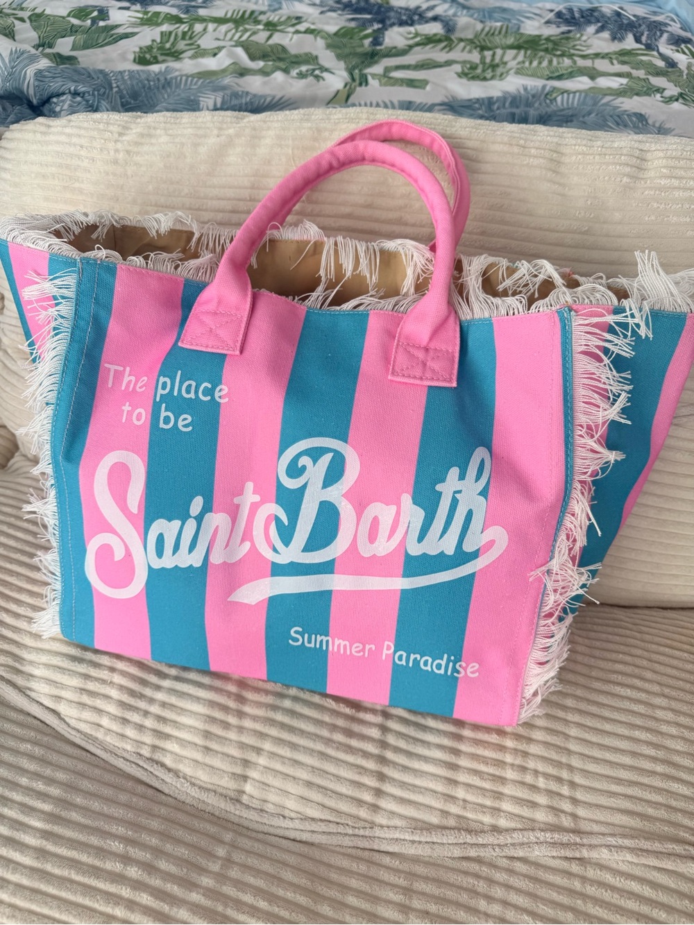Saint Barth Pink & Teal Striped Fringe Beach Tote Bag